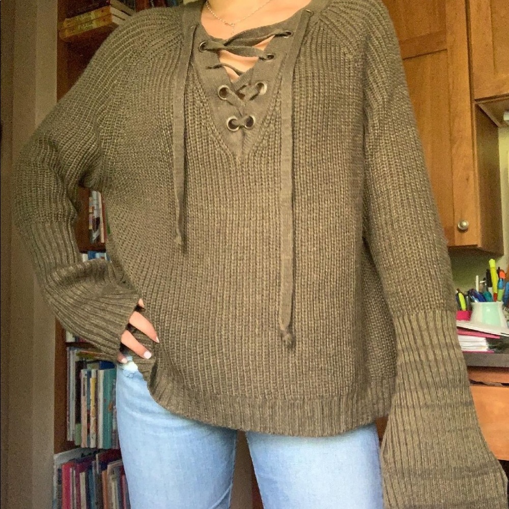 Flare sleeve, lace up, lightweight sweater